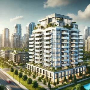 Modern Canadian condo building with large windows and balconies overlooking a lush urban landscape.