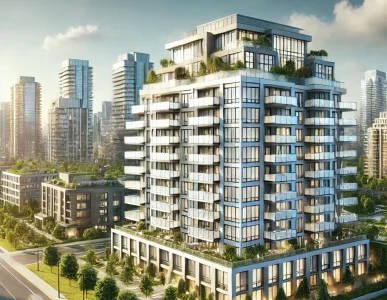 Modern Canadian condo building with large windows and balconies overlooking a lush urban landscape.