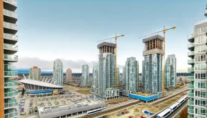 Realistic view of Surrey, BC skyline with high-rise buildings under construction and the SkyTrain, depicting the city's real estate development