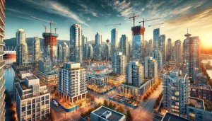 Dynamic Vancouver skyline with new condo developments under construction, showcasing investment opportunities in pre-sale condos.