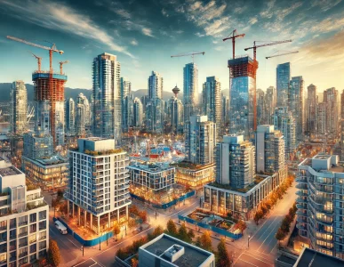 Dynamic Vancouver skyline with new condo developments under construction, showcasing investment opportunities in pre-sale condos.