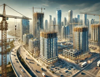 3D rendering of Surrey, BC skyline with high-rise buildings under construction, illustrating the vibrant real estate development