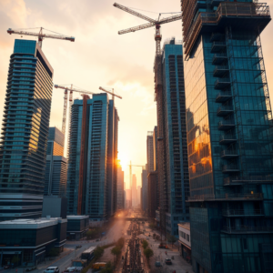 High-rise buildings under construction in a city center at sunset with cranes and scaffolding visible.