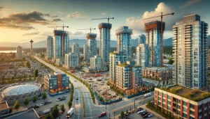 Construction of high-rise buildings in Langley, BC, showing cranes and workers on site, illustrating the city's development boom.