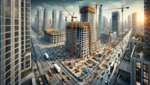 "Ultra-realistic view of a bustling high-rise condo construction site with cranes and workers, highlighting urban development and investment opportunities."