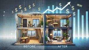 Before and after image of a condo flipping project showing significant improvements and modern design, illustrating profit potential