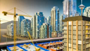 Vancouver BC skyline with high-rise buildings under construction, symbolizing booming pre-sale condo investments.