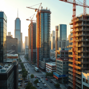 High-rise buildings and construction cranes in an urban cityscape at sunrise, symbolizing the growth of pre-sale condo developments.