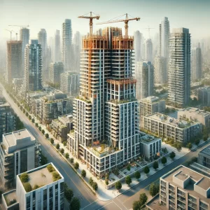 High-rise buildings under construction in a modern urban landscape.