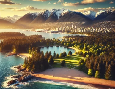 Panoramic view of Vancouver with North Shore Mountains, Stanley Park, and Pacific Ocean