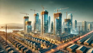 Urban landscape with high-rise buildings under construction, highlighting the dynamic real estate market